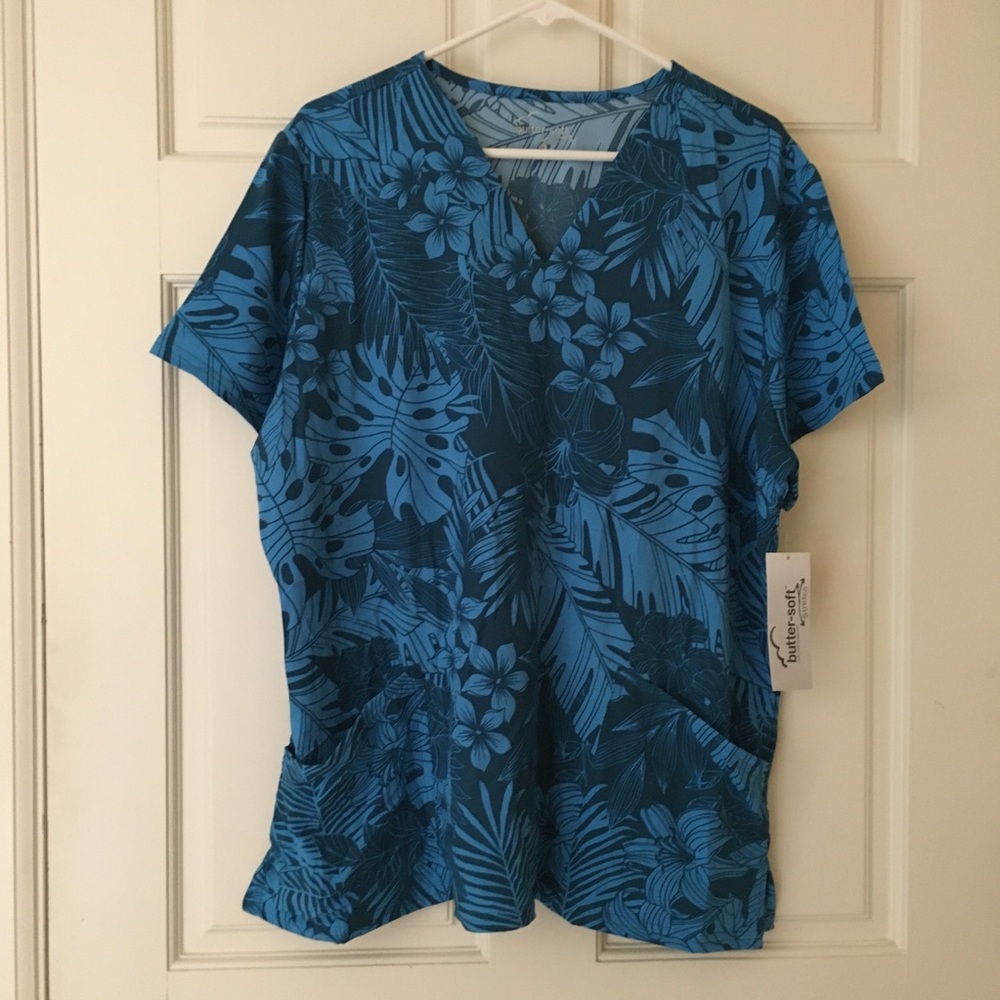 Butter Soft (XL) Scrub Top Blue Short Sleeve 2 Pockets Shirt Tropical Print NEW